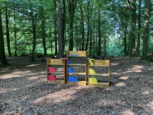 Three bookcases in a woodland, used to illustrate a post about our regenerative design reading list.